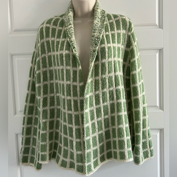 Wooden Ships Mohair Wool Blend Windowpane Knit Cardigan Sweater Open Front S/M - Picture 1 of 12